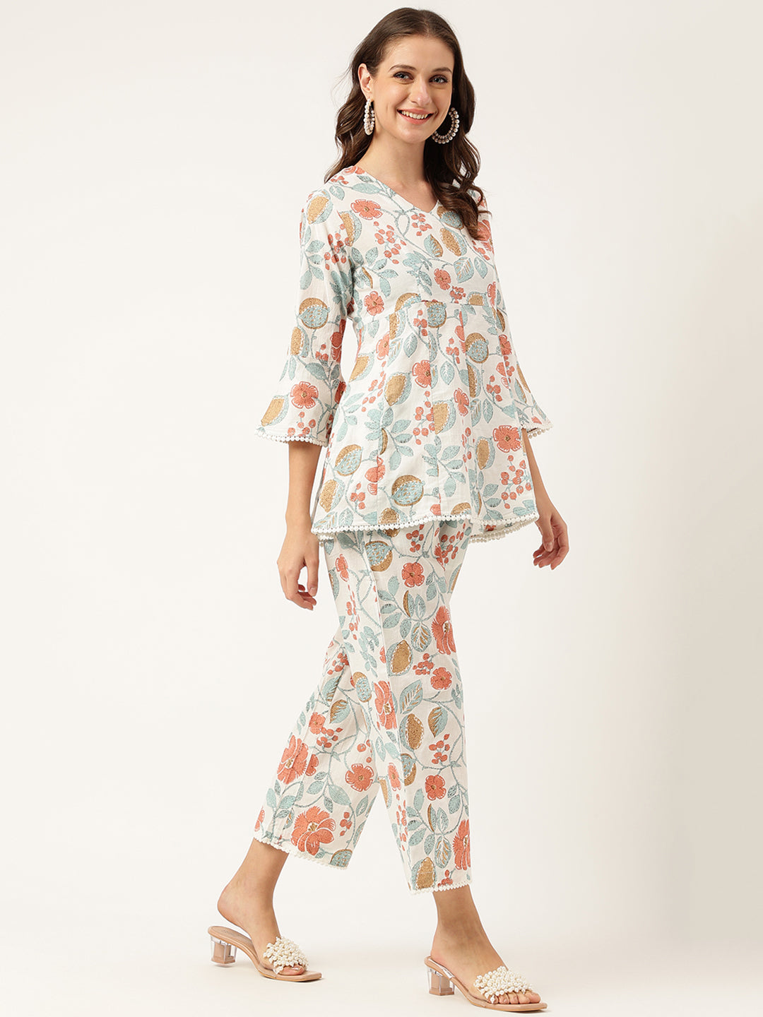 Women Floral Printed Pure Cotton Tunic With Trousers Co-ord Sets