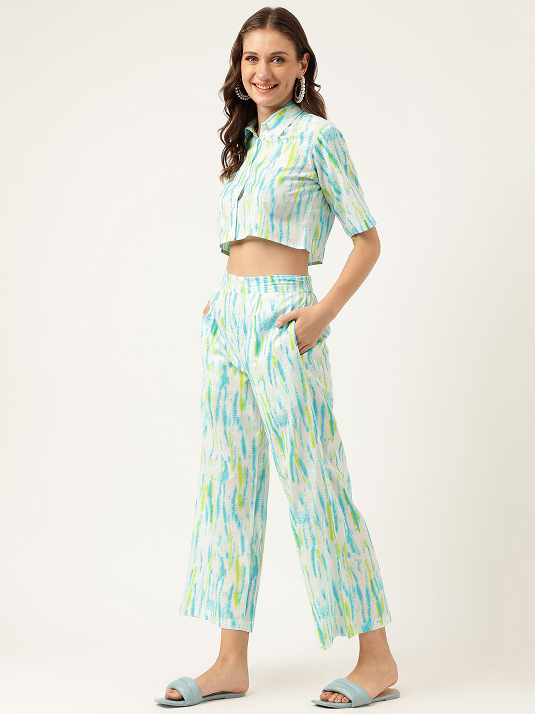 Women White Blue Dyed Pure Cotton Shirt With Trousers Co-ord Sets