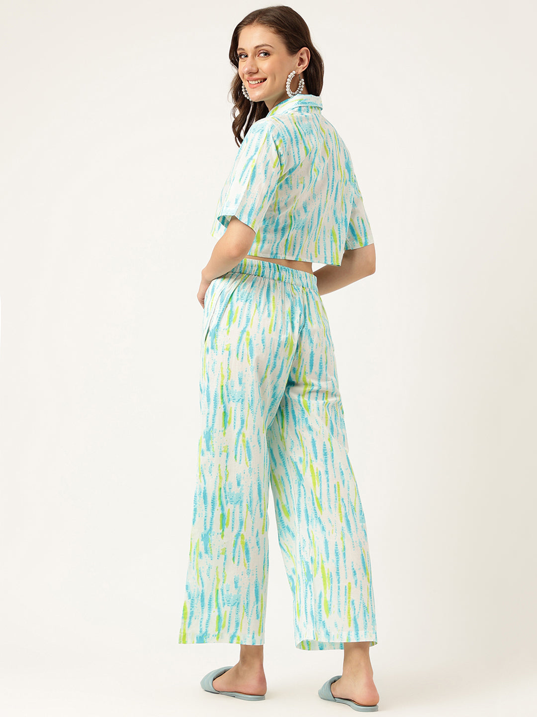 Women White Blue Dyed Pure Cotton Shirt With Trousers Co-ord Sets