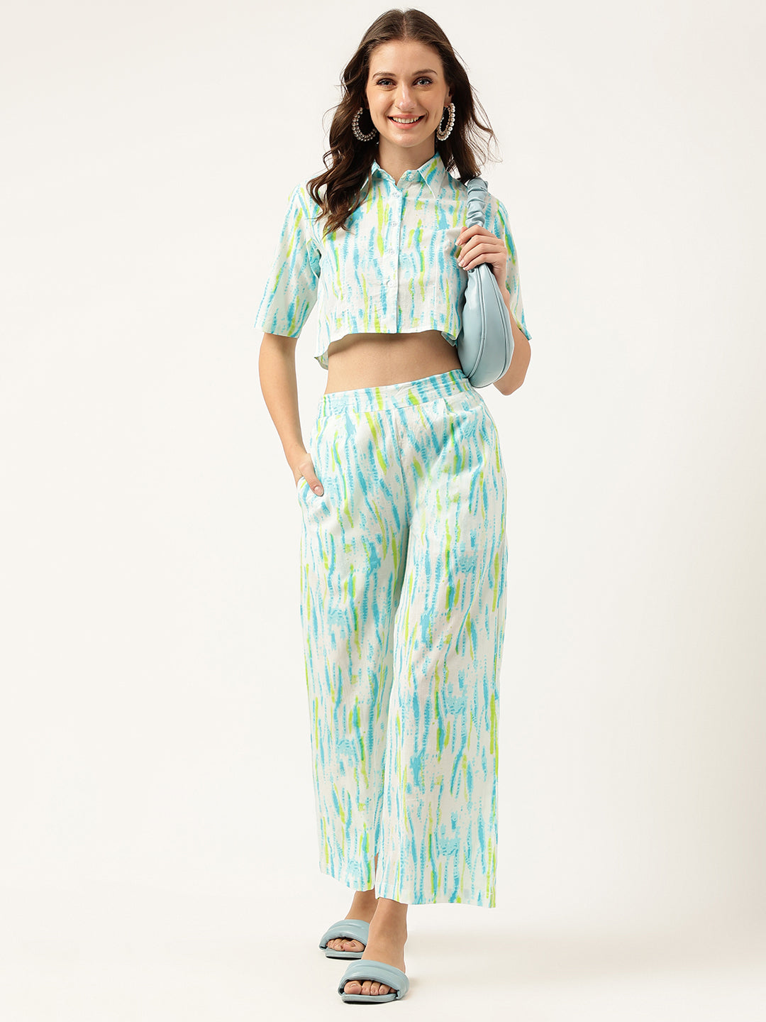 Women White Blue Dyed Pure Cotton Shirt With Trousers Co-ord Sets