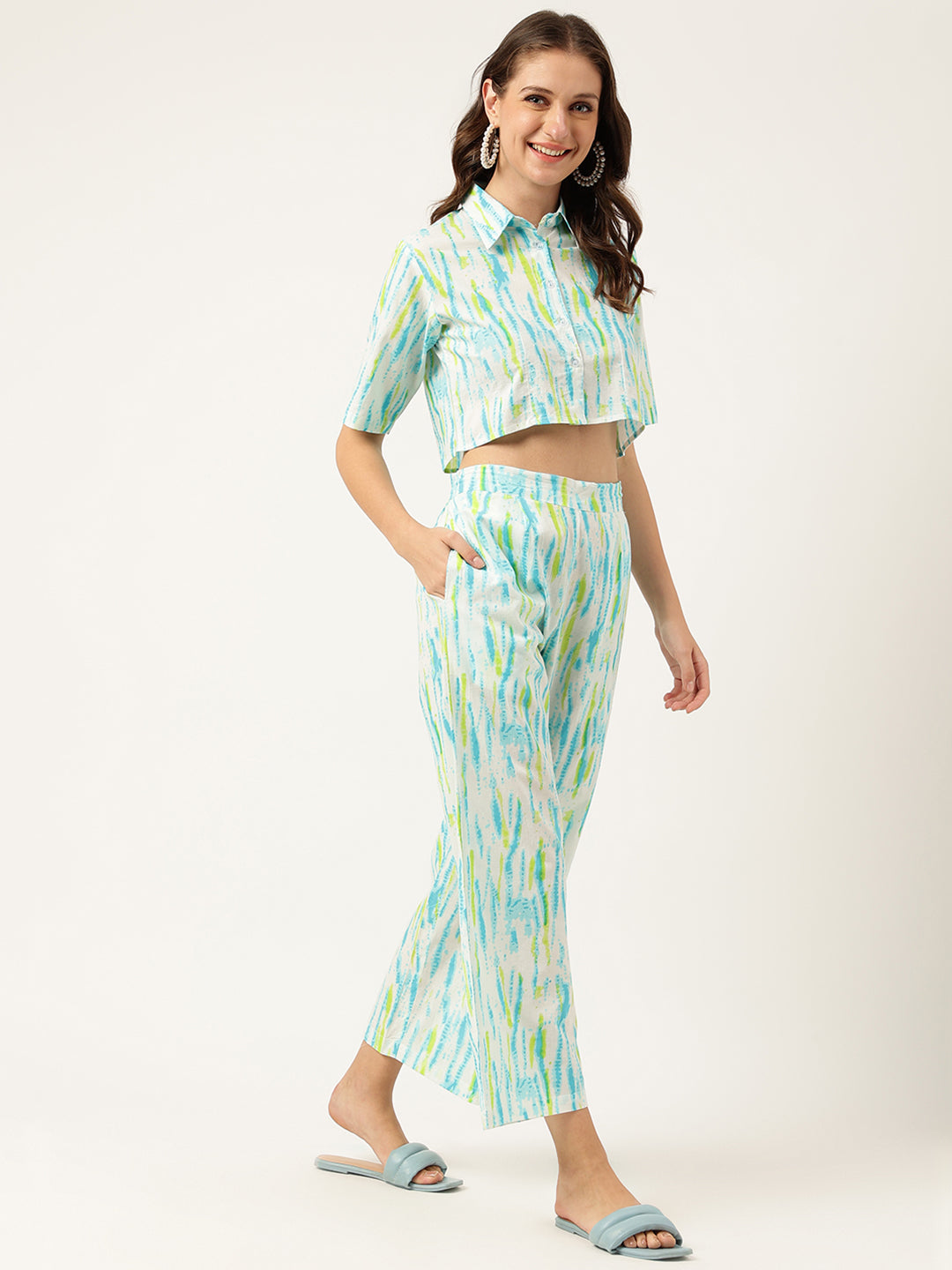 Women White Blue Dyed Pure Cotton Shirt With Trousers Co-ord Sets