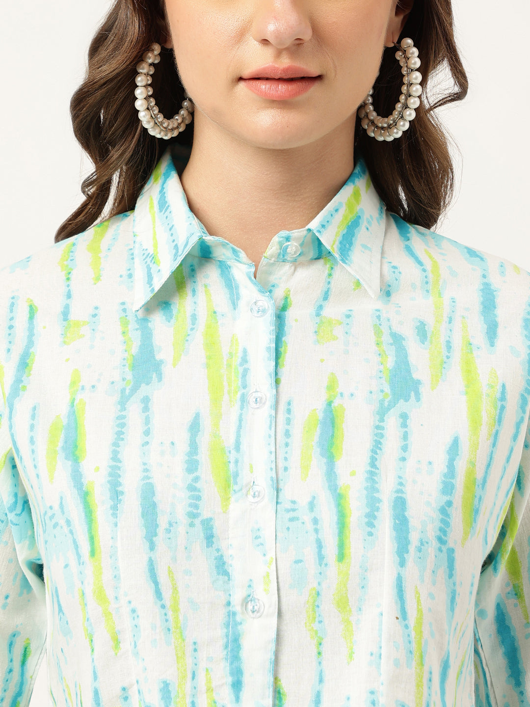 Women White Blue Dyed Pure Cotton Shirt With Trousers Co-ord Sets