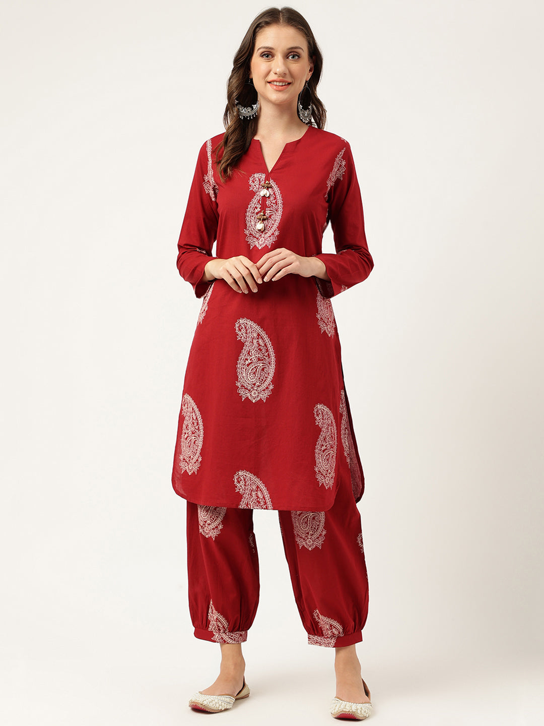 Maroon Paisley Print Cotton Co-ord Set For Women With Gota Work