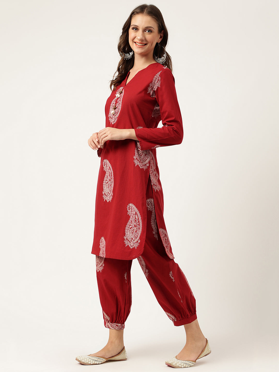 Maroon Paisley Print Cotton Co-ord Set For Women With Gota Work