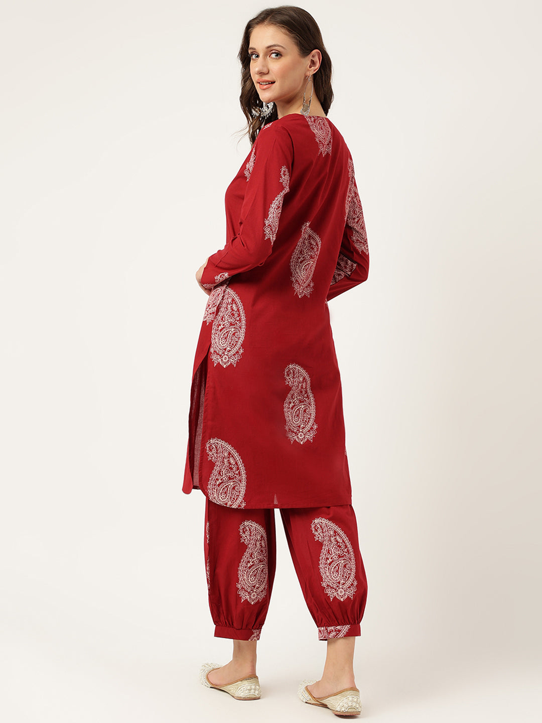 Maroon Paisley Print Cotton Co-ord Set For Women With Gota Work