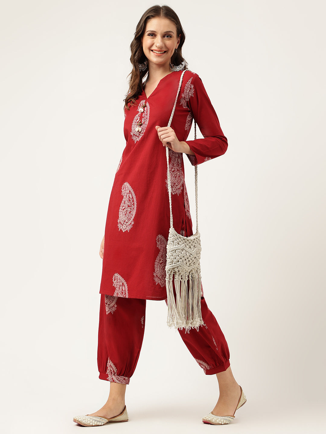 Maroon Paisley Print Cotton Co-ord Set For Women With Gota Work