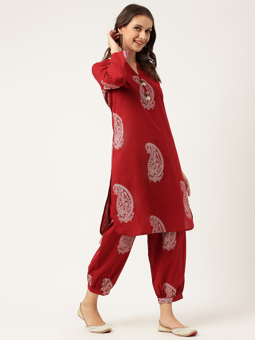 Maroon Paisley Print Cotton Co-ord Set For Women With Gota Work