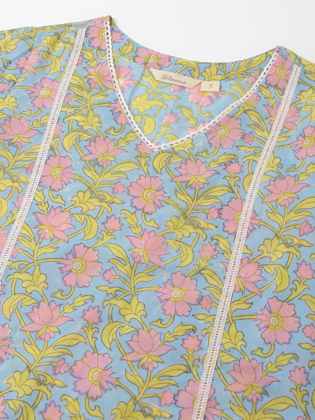 Blue Hand Block Floral Print Cotton Kurta Set Trouser Dupatta For Women