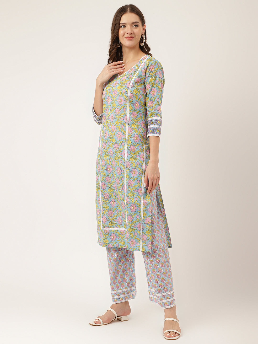 Blue Hand Block Floral Print Cotton Kurta Set Trouser Dupatta For Women