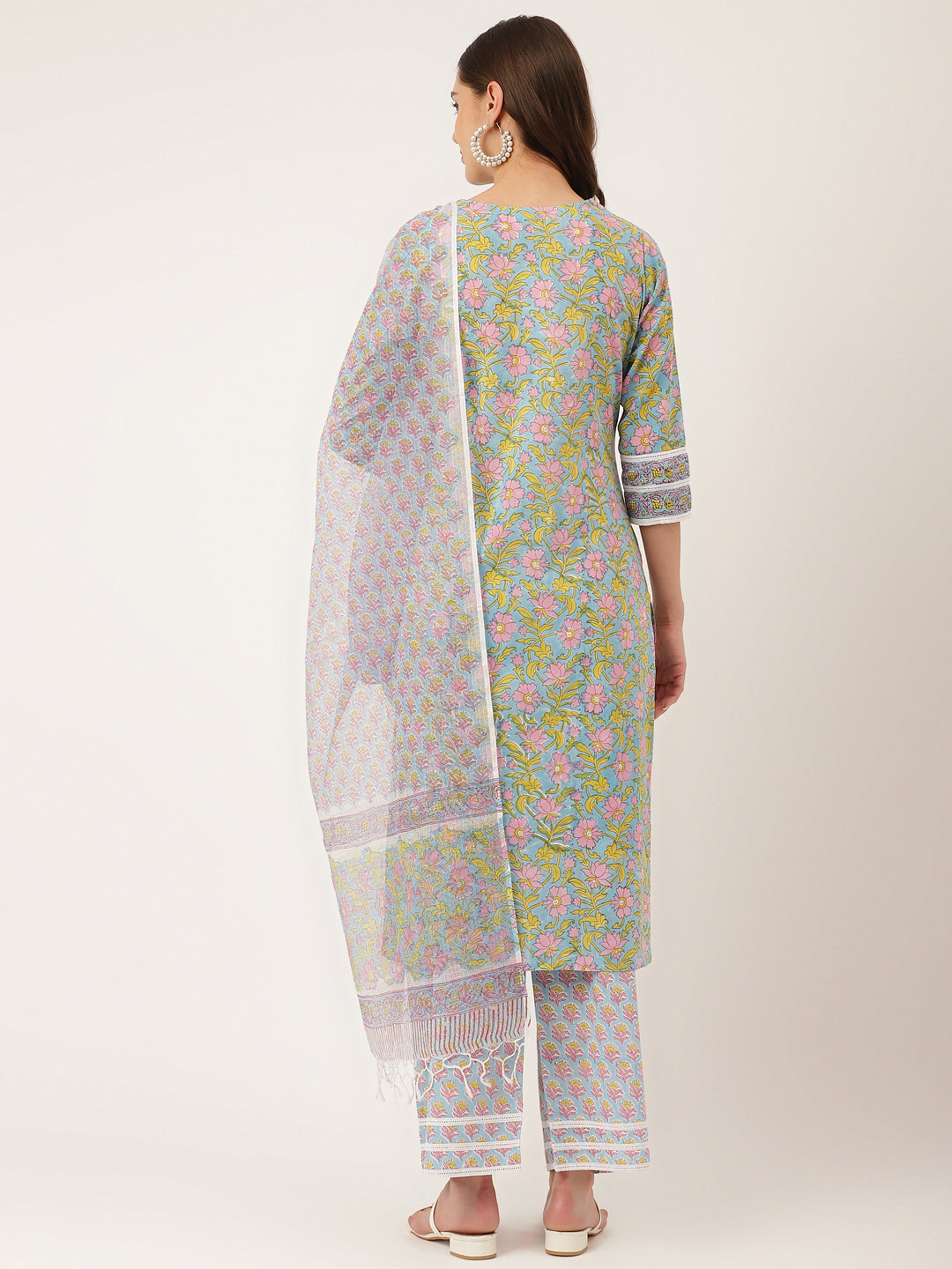 Blue Hand Block Floral Print Cotton Kurta Set Trouser Dupatta For Women