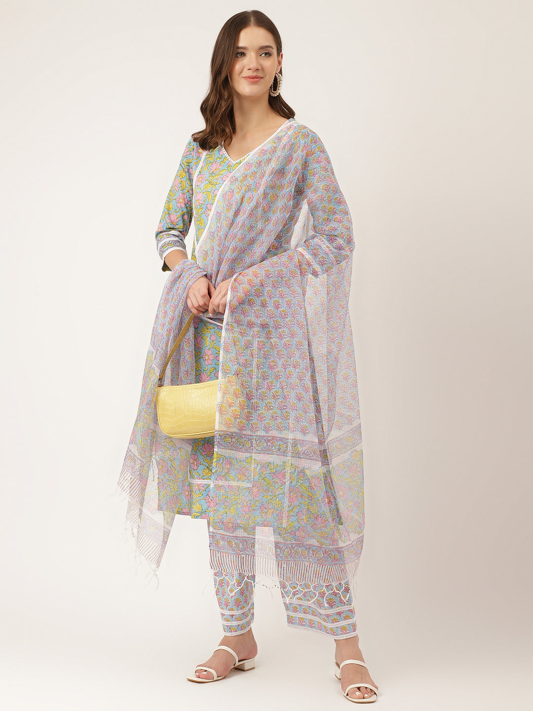 Blue Hand Block Floral Print Cotton Kurta Set Trouser Dupatta For Women