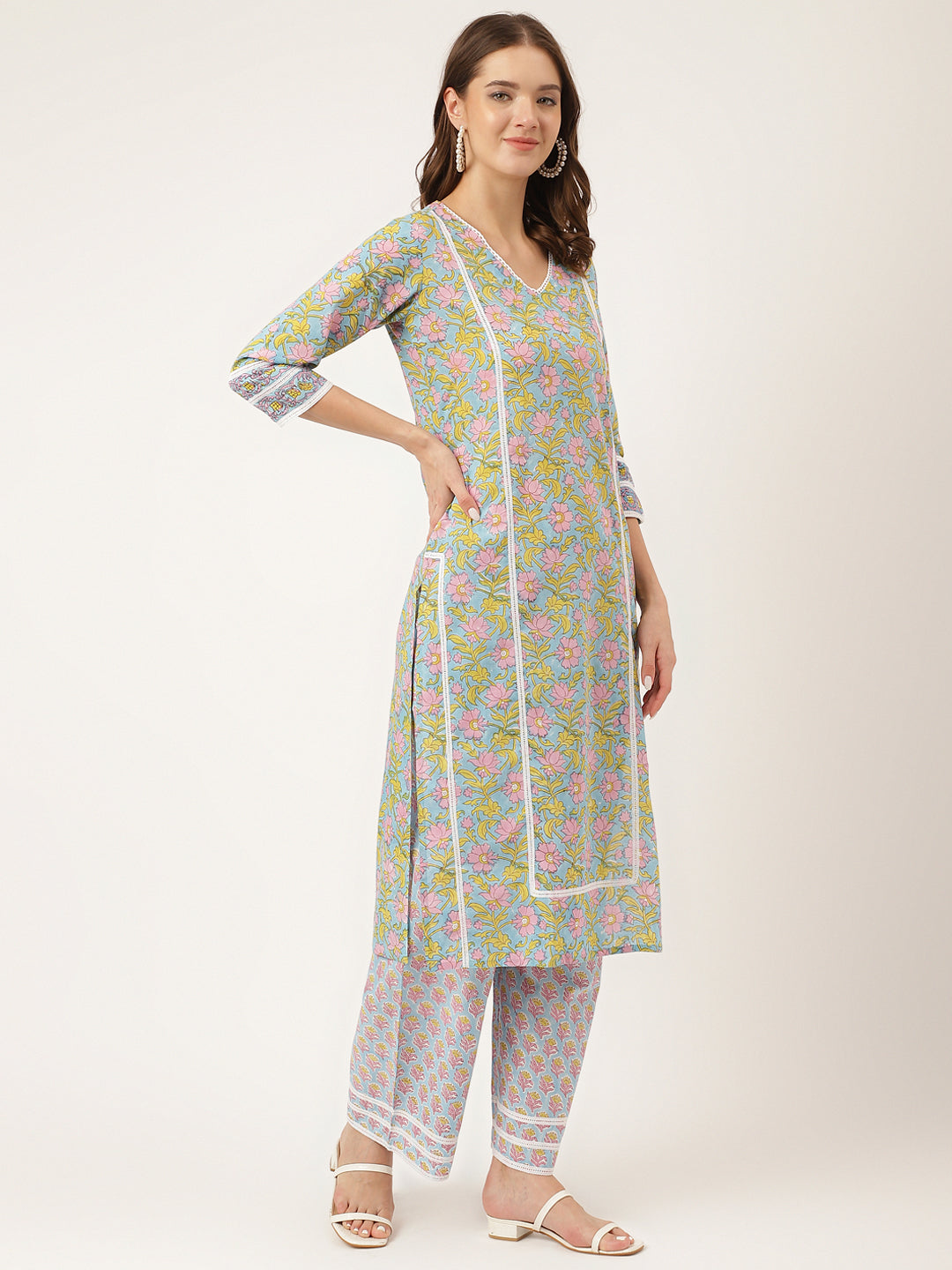 Blue Hand Block Floral Print Cotton Kurta Set Trouser Dupatta For Women