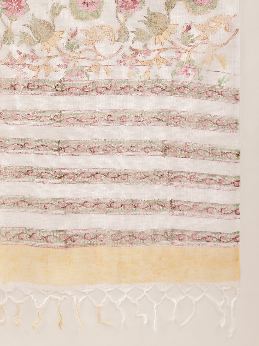 Ethnic White Handblock Floral Printed Cotton Anarkali Kurta Set with Kota Doria Dupatta