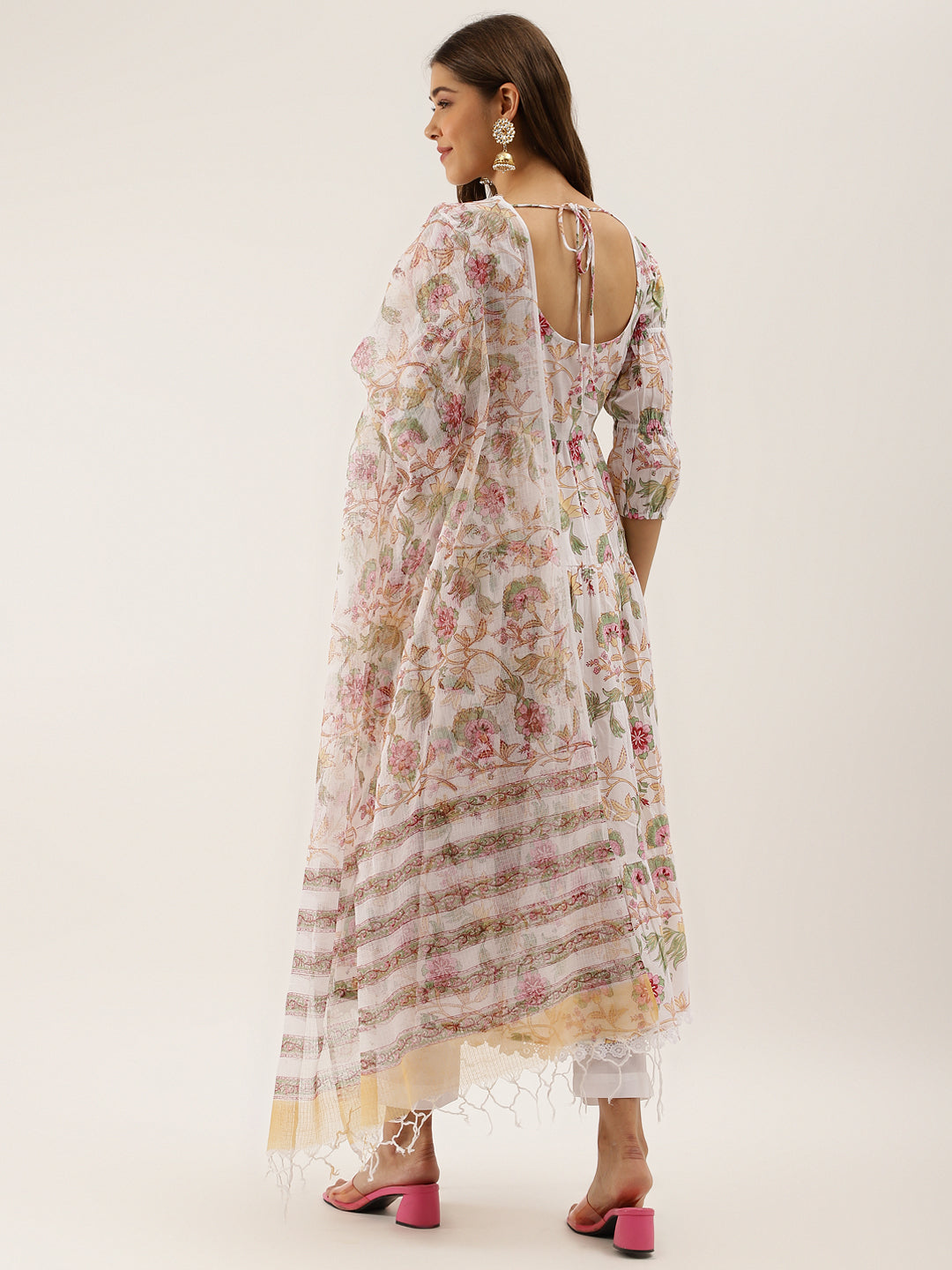 Ethnic White Handblock Floral Printed Cotton Anarkali Kurta Set with Kota Doria Dupatta