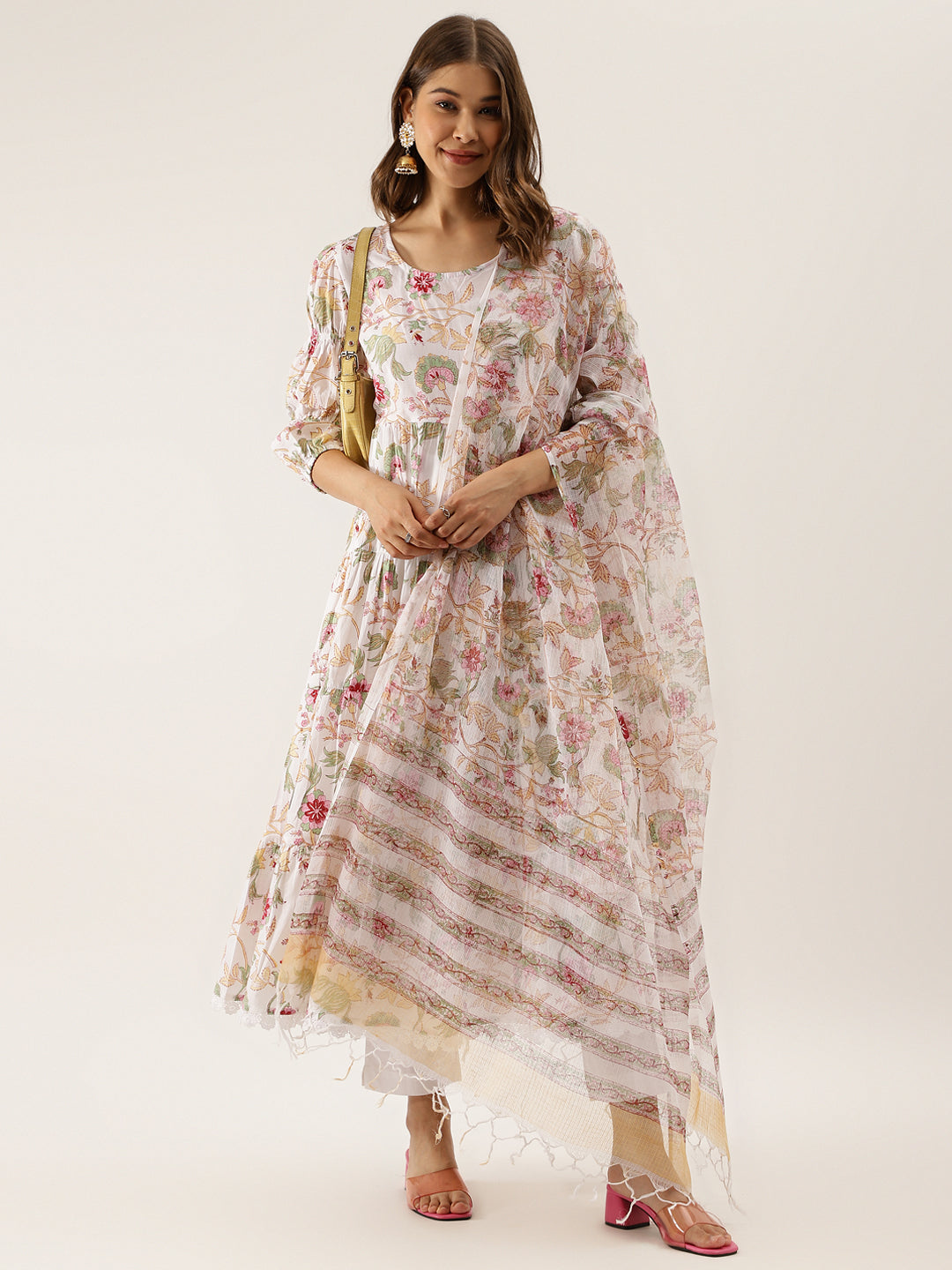 Ethnic White Handblock Floral Printed Cotton Anarkali Kurta Set with Kota Doria Dupatta