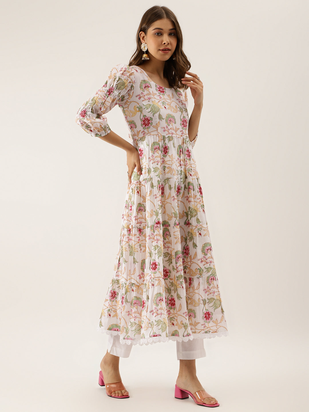 Ethnic White Handblock Floral Printed Cotton Anarkali Kurta Set with Kota Doria Dupatta