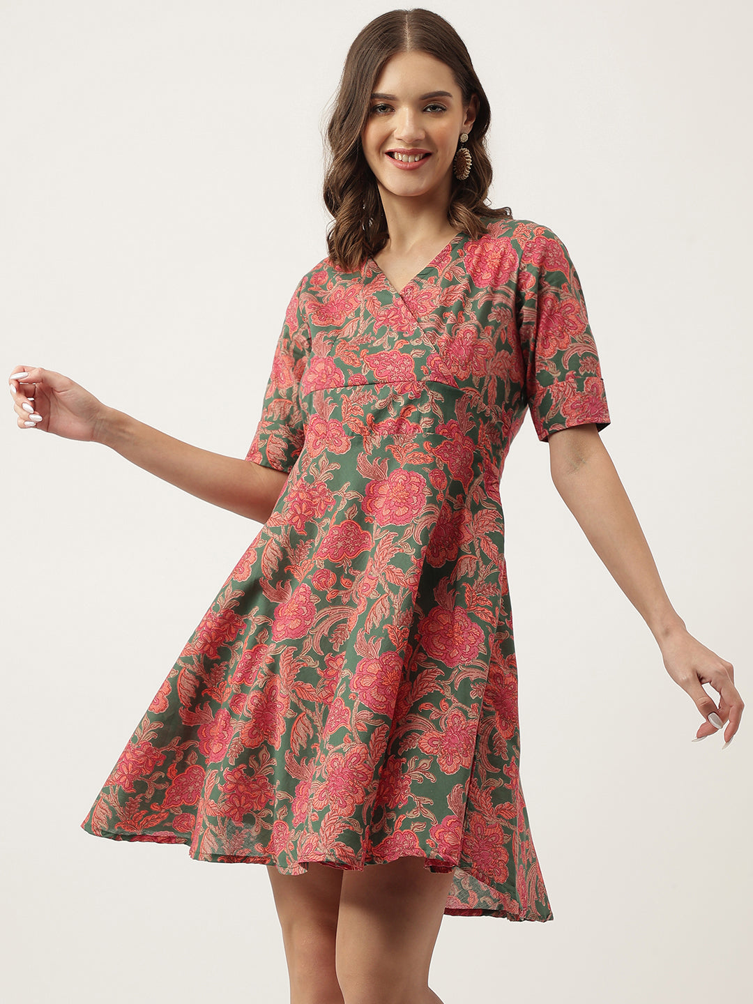 Grey Pink Floral Party Wear Printed Cotton Fit & Flare Mini Dress