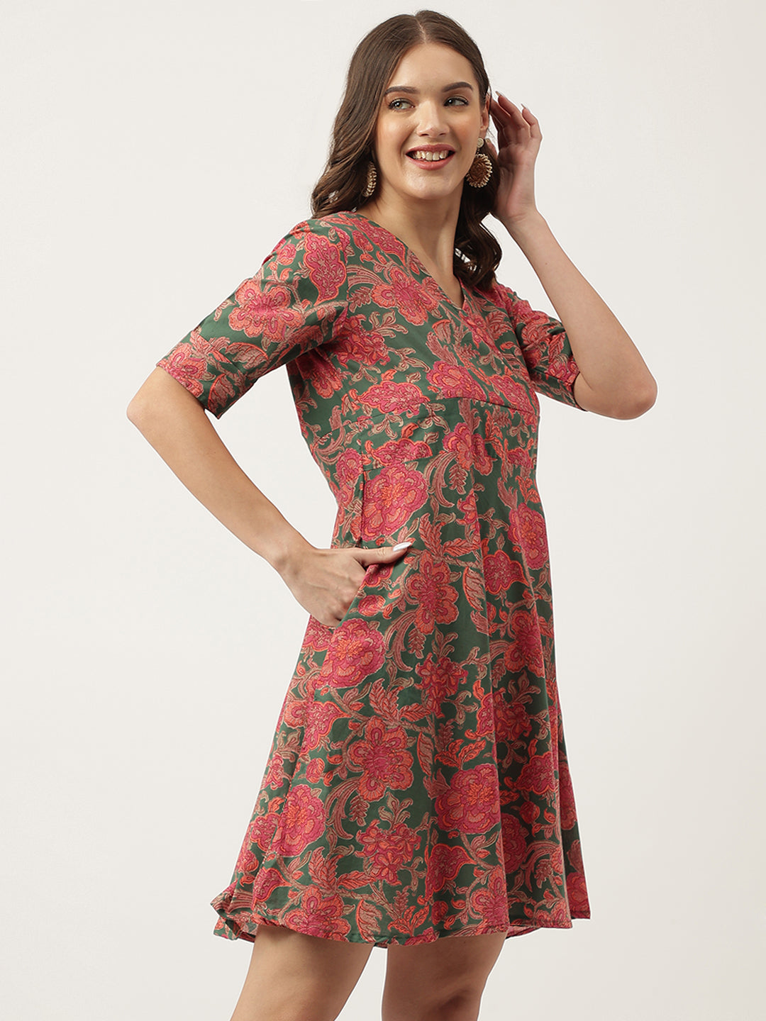 Grey Pink Floral Party Wear Printed Cotton Fit & Flare Mini Dress