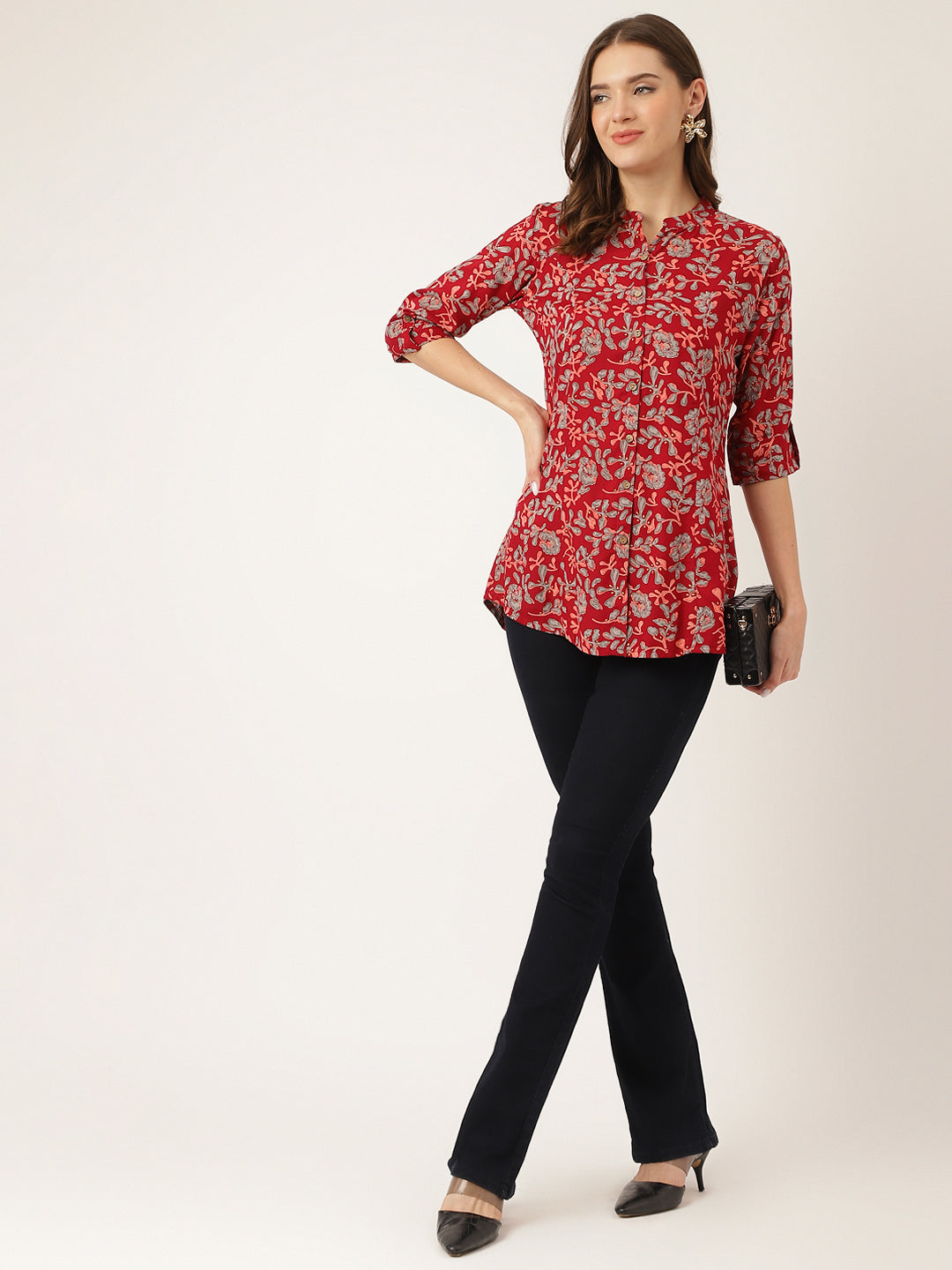 Divena Maroon Floral Print Rayon Regular Top