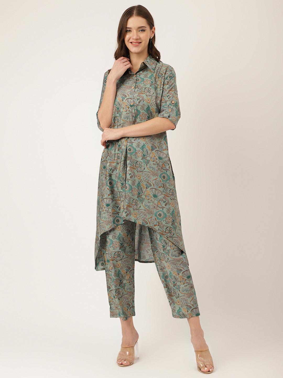 Blue & Green Foil Printed Chanderi Women Co-ord Sets