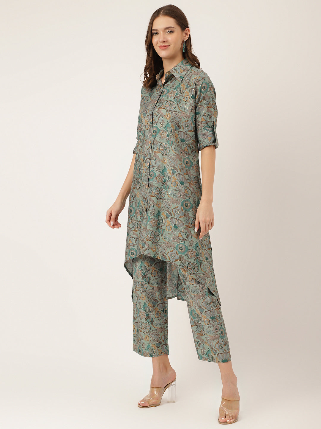 Blue & Green Foil Printed Chanderi Women Co-ord Sets