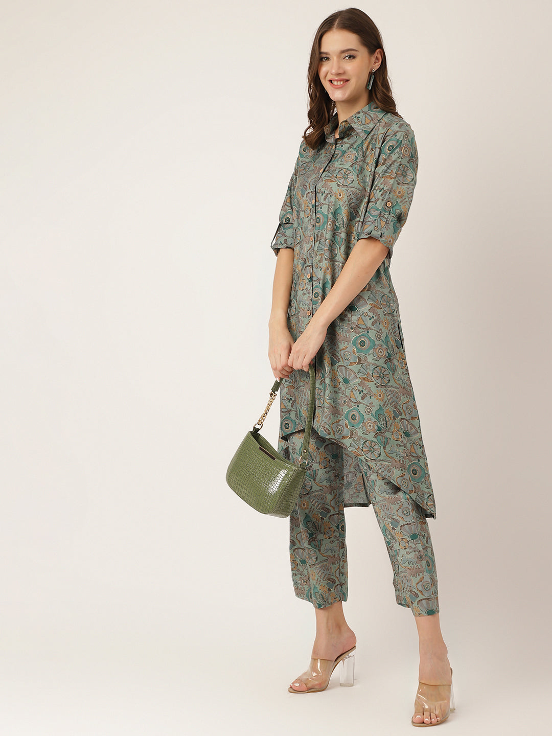 Blue & Green Foil Printed Chanderi Women Co-ord Sets