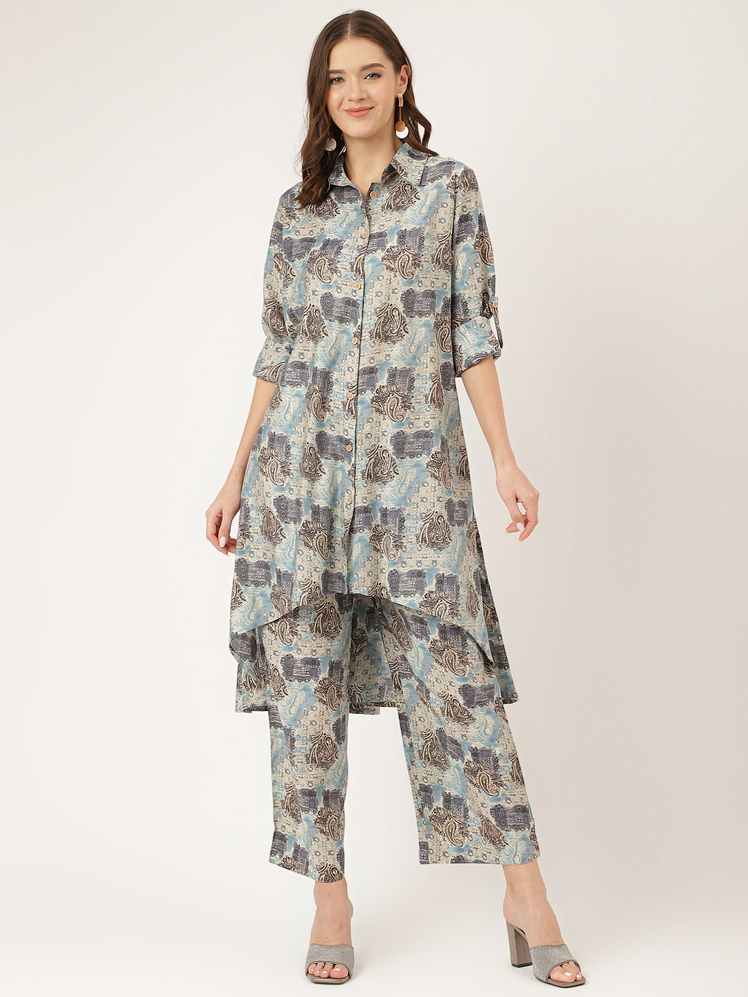 Blue Printed Dyed Kurta Chanderi Co-ord Set For Women