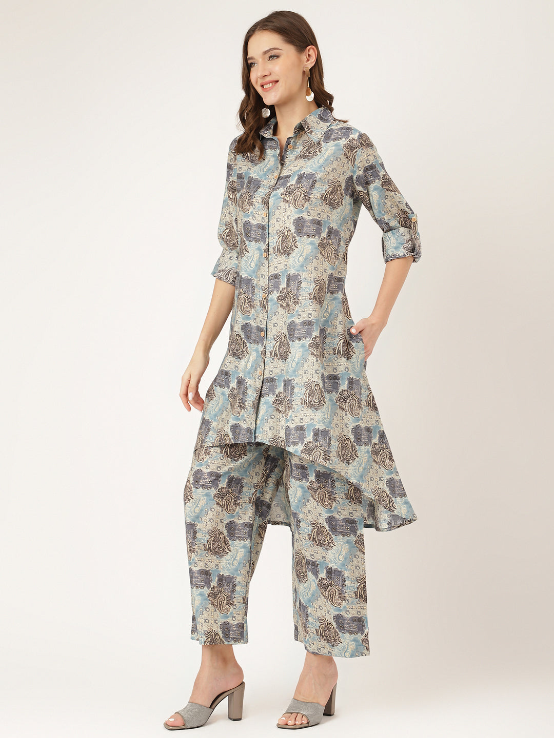 Blue Printed Dyed Kurta Chanderi Co-ord Set For Women