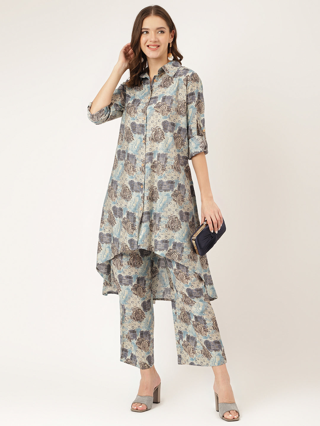 Blue Printed Dyed Kurta Chanderi Co-ord Set For Women