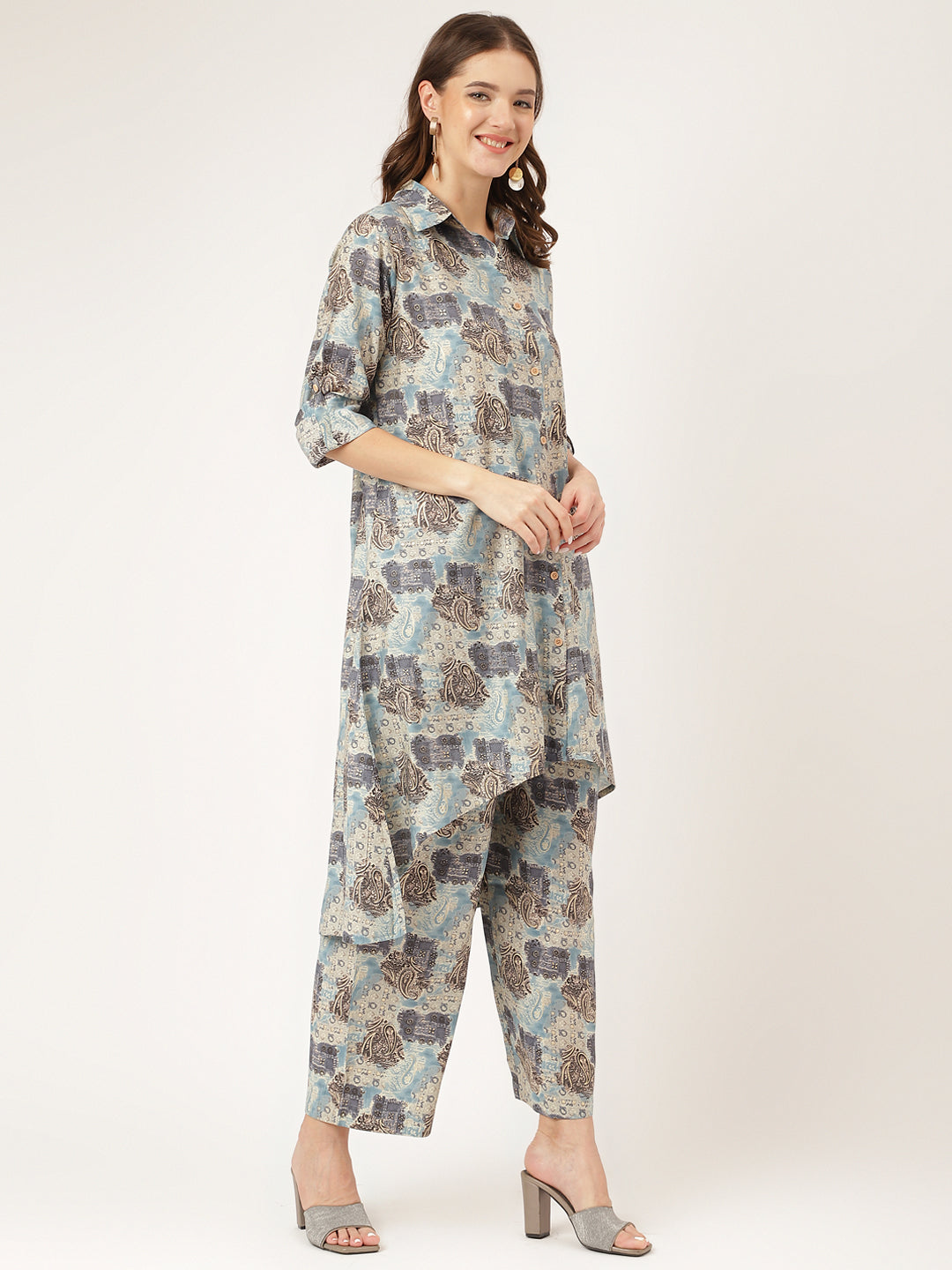 Blue Printed Dyed Kurta Chanderi Co-ord Set For Women