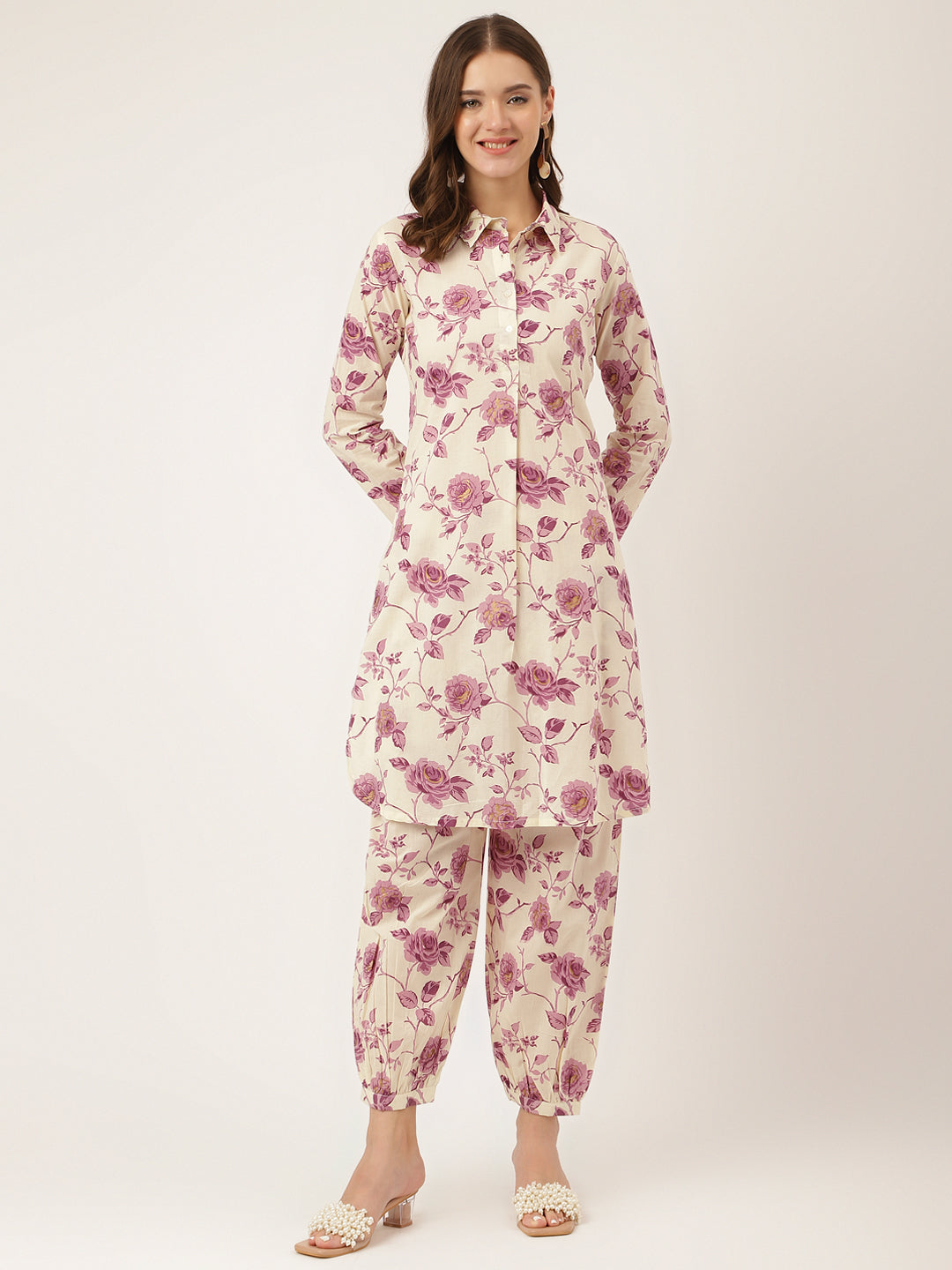 Purple Floral Print Cotton Co-ord Set With Dyed Kurta For Women