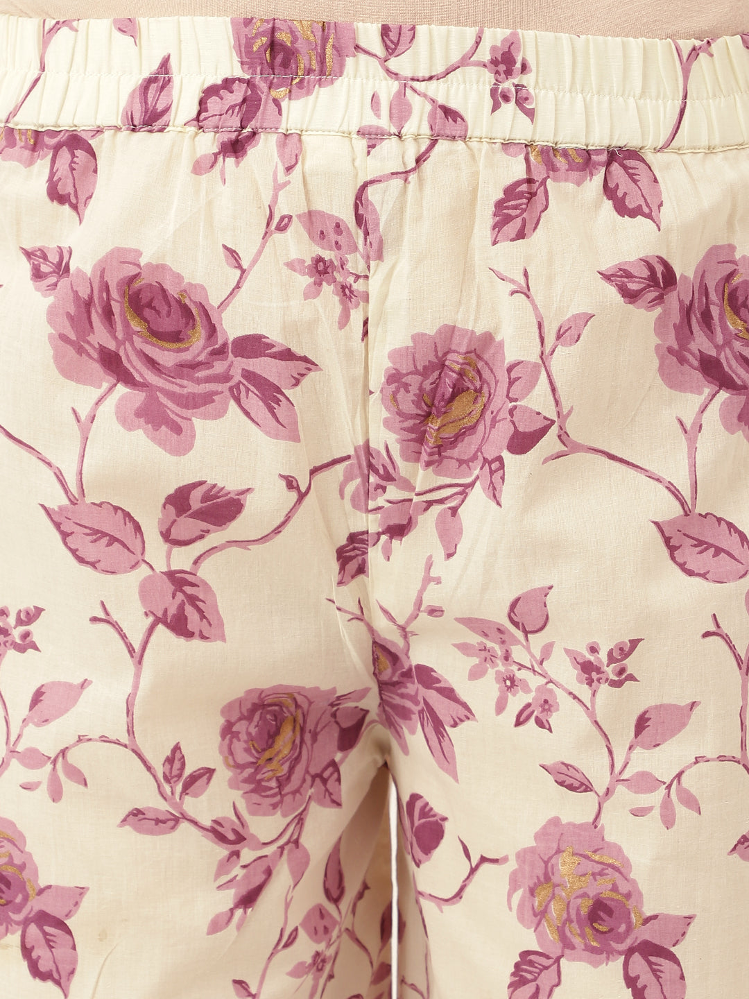 Purple Floral Print Cotton Co-ord Set With Dyed Kurta For Women