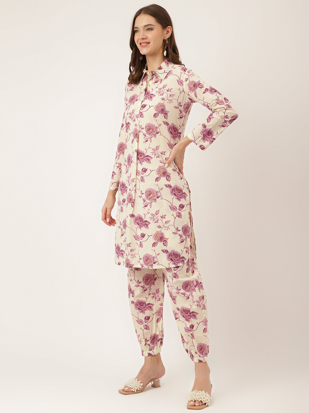 Purple Floral Print Cotton Co-ord Set With Dyed Kurta For Women