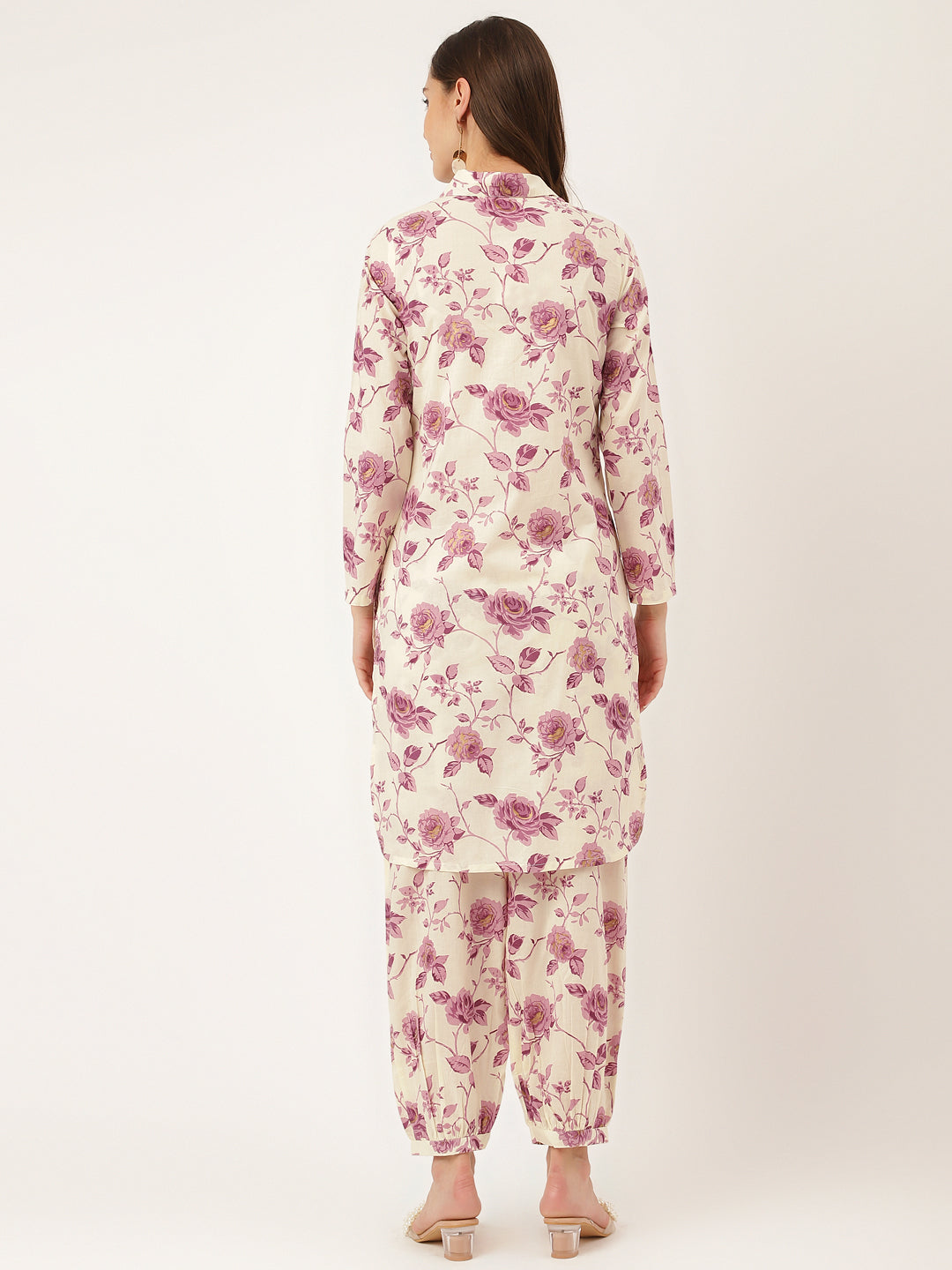 Purple Floral Print Cotton Co-ord Set With Dyed Kurta For Women