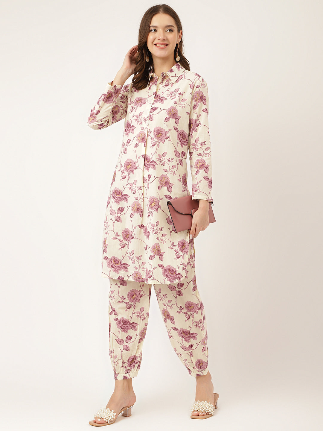 Purple Floral Print Cotton Co-ord Set With Dyed Kurta For Women