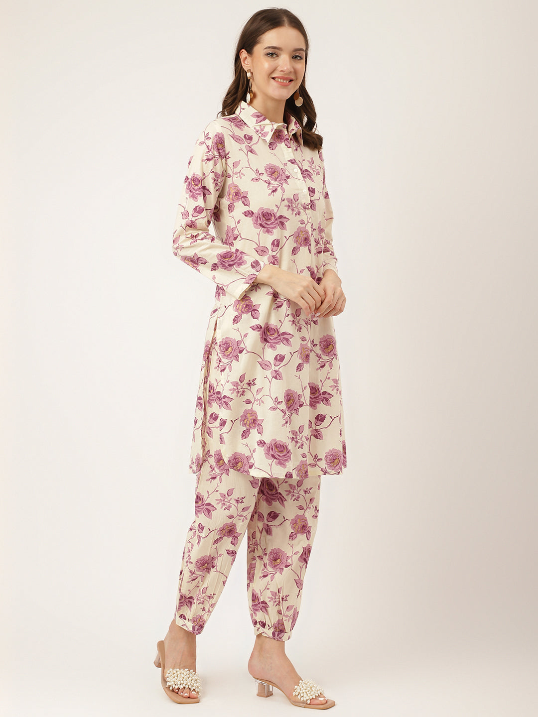 Purple Floral Print Cotton Co-ord Set With Dyed Kurta For Women