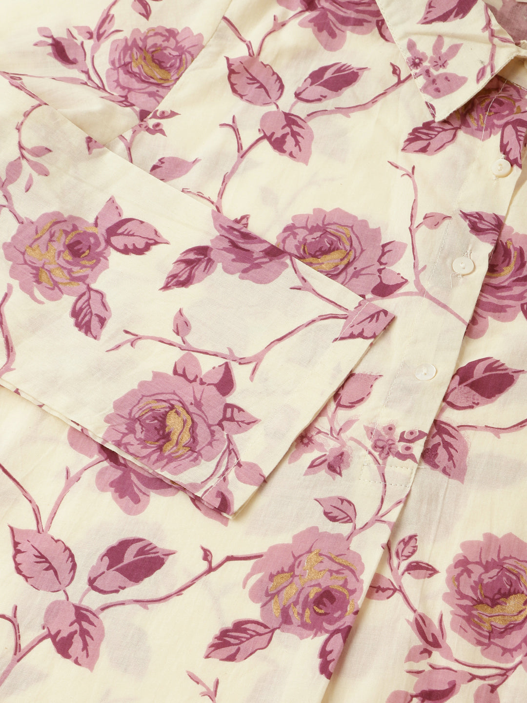 Purple Floral Print Cotton Co-ord Set With Dyed Kurta For Women