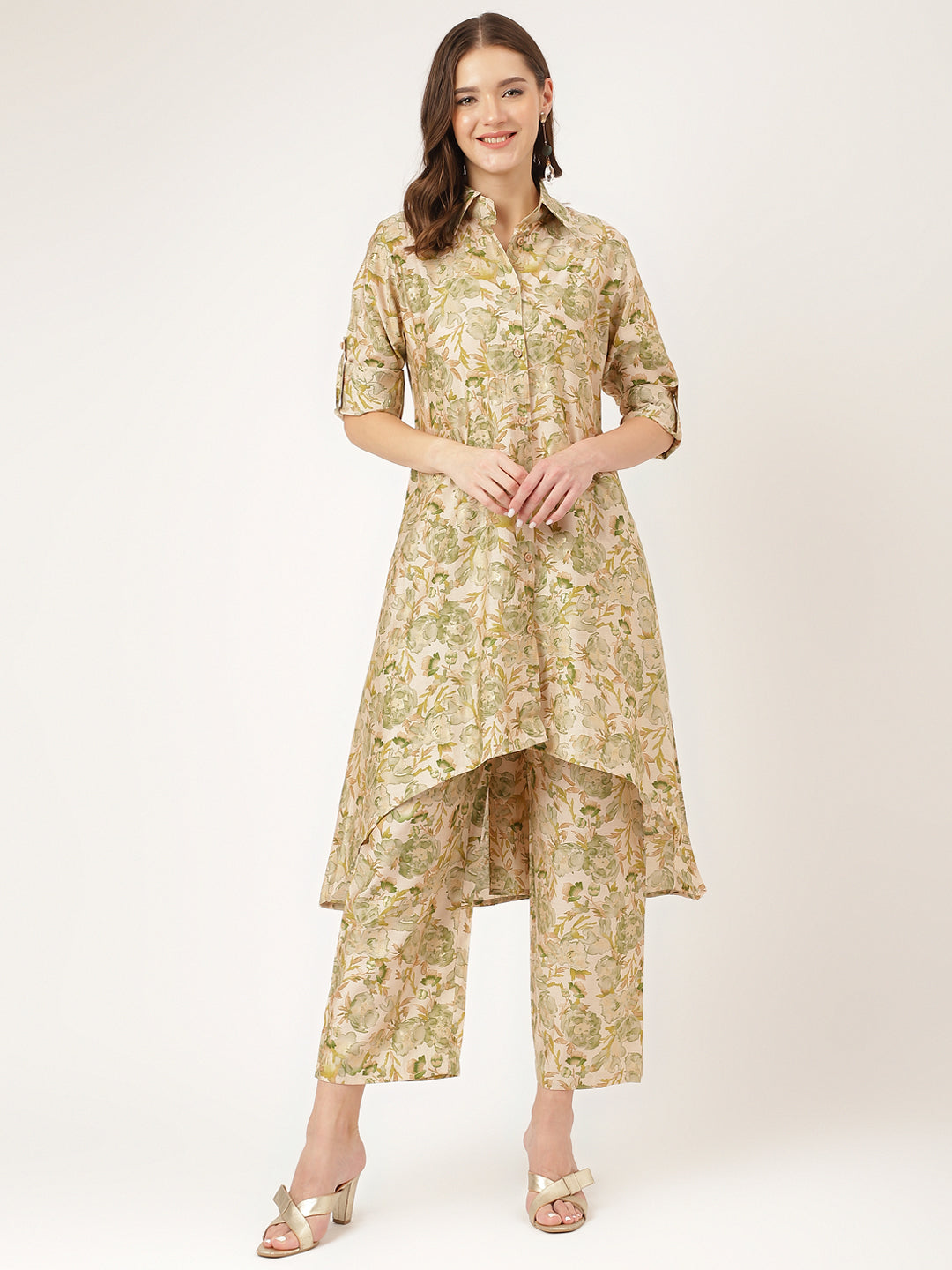 Green Printed Chanderi Women Co-ord Set With Green Dyed Trousers