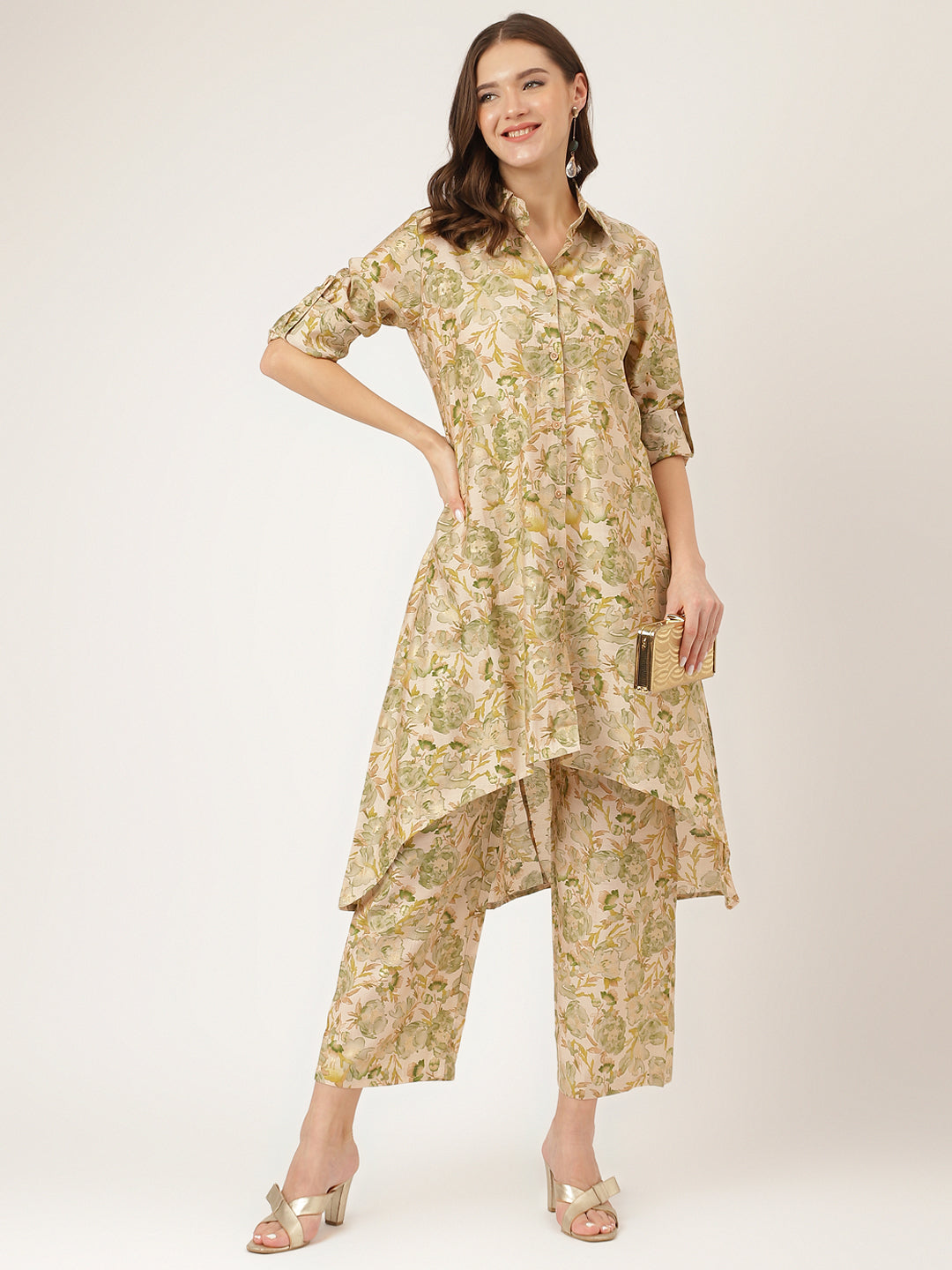 Green Printed Chanderi Women Co-ord Set With Green Dyed Trousers