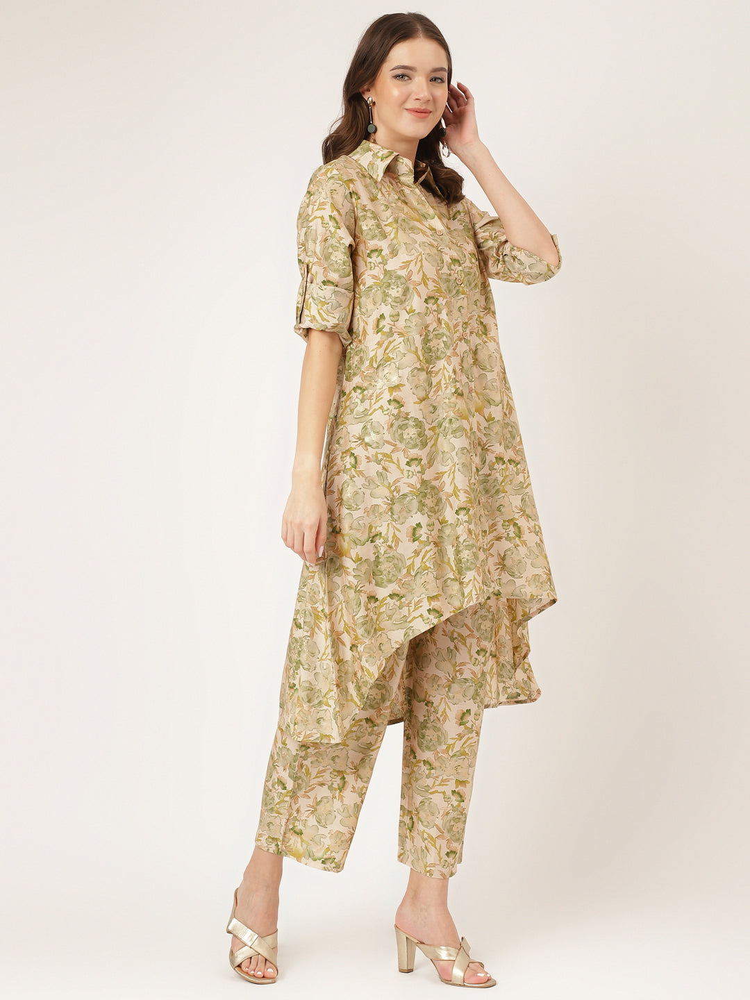 Green Printed Chanderi Women Co-ord Set With Green Dyed Trousers