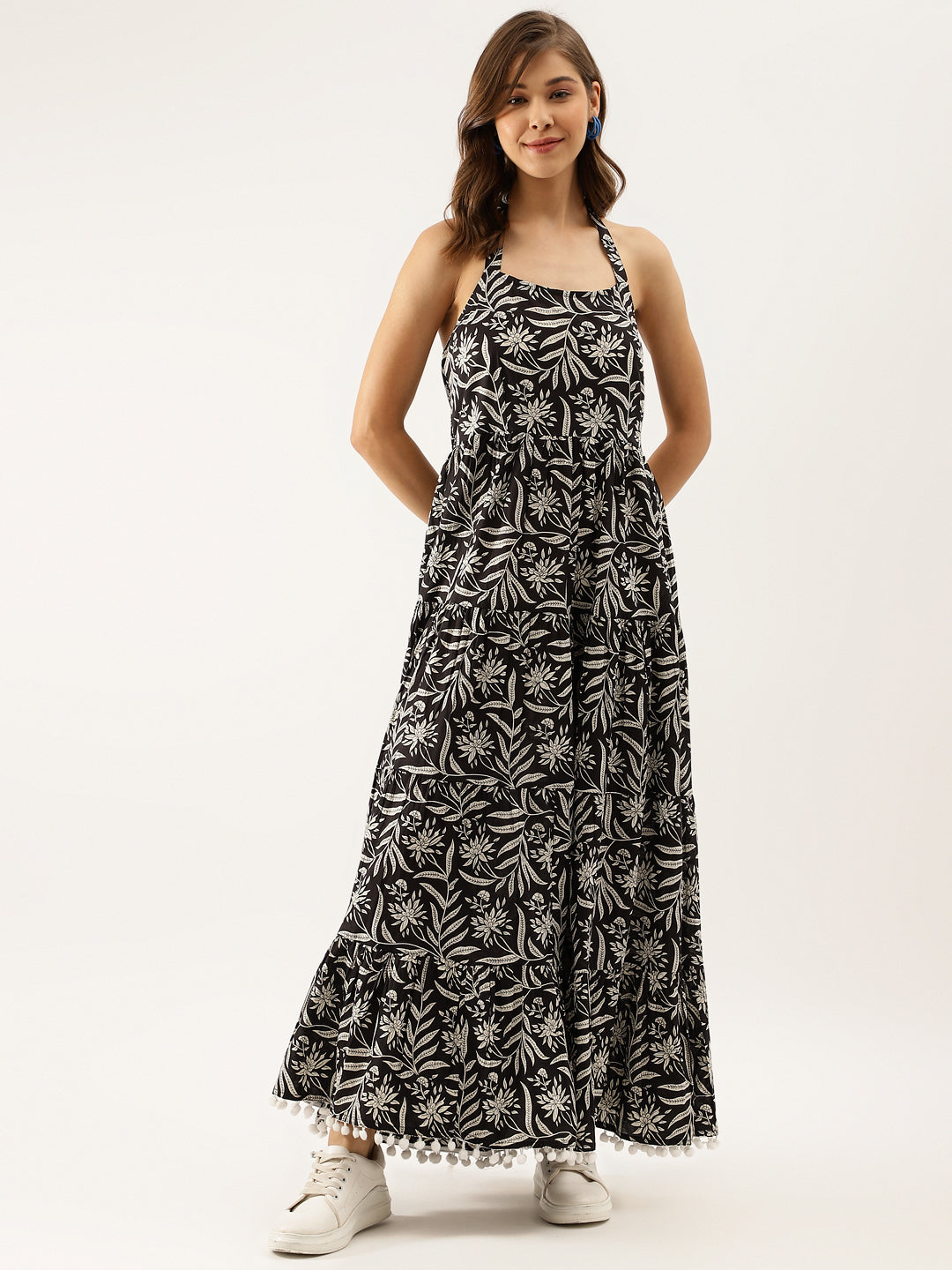 Black Floral Printed Cotton Ethnic Party Wear Dress for Women