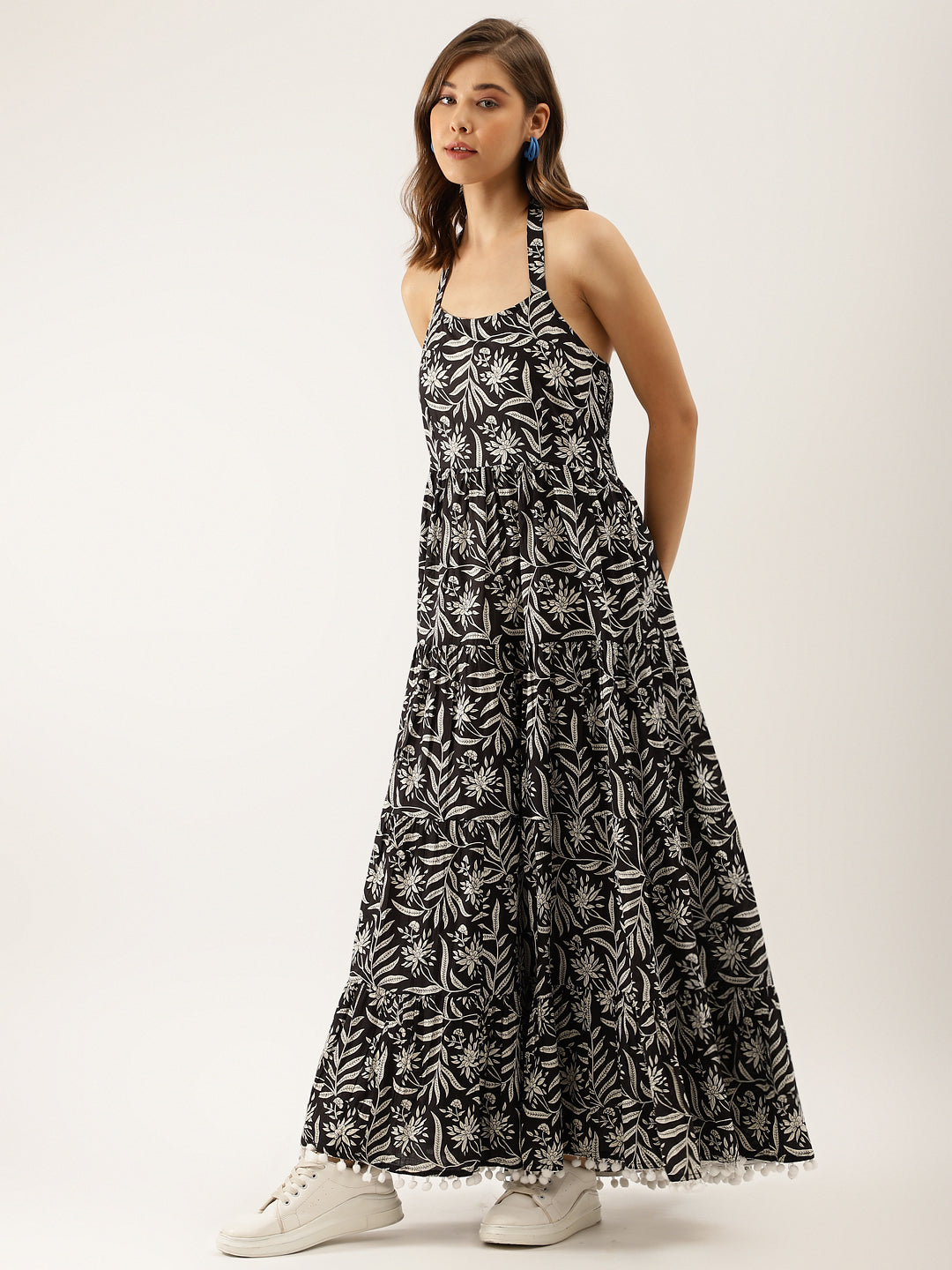 Black Floral Printed Cotton Ethnic Party Wear Dress for Women