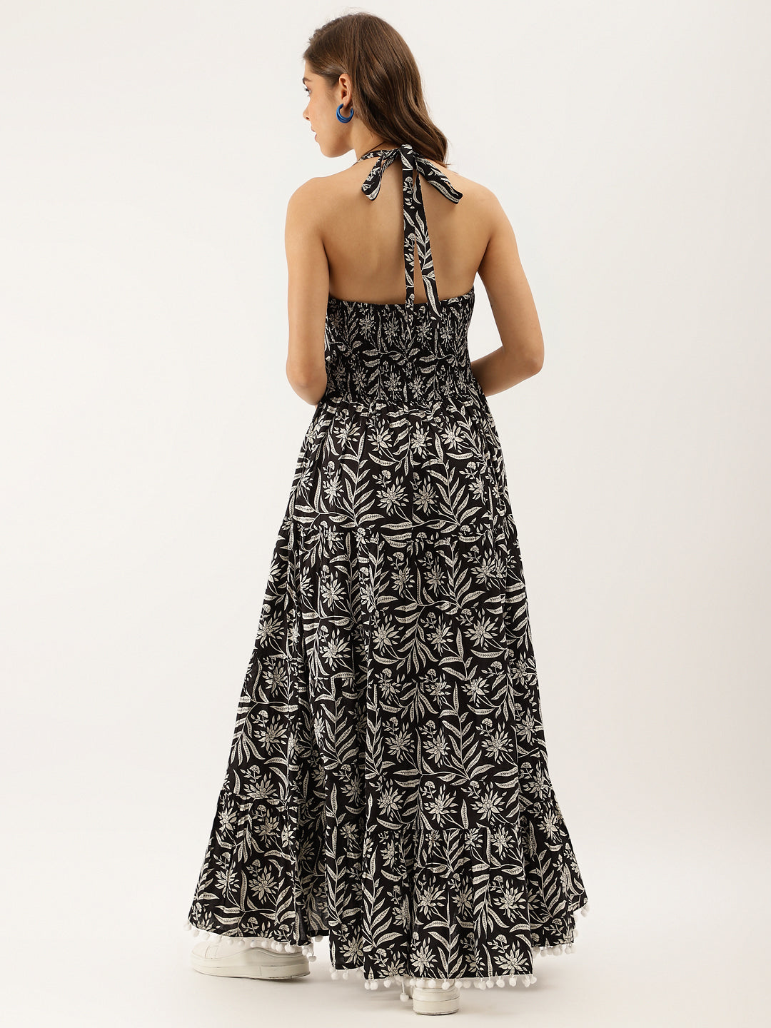 Black Floral Printed Cotton Ethnic Party Wear Dress for Women
