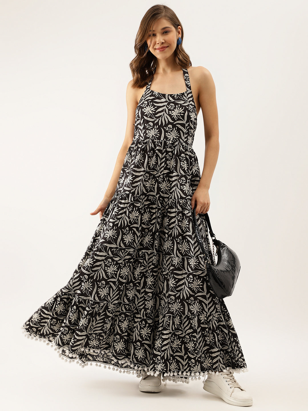 Black Floral Printed Cotton Ethnic Party Wear Dress for Women