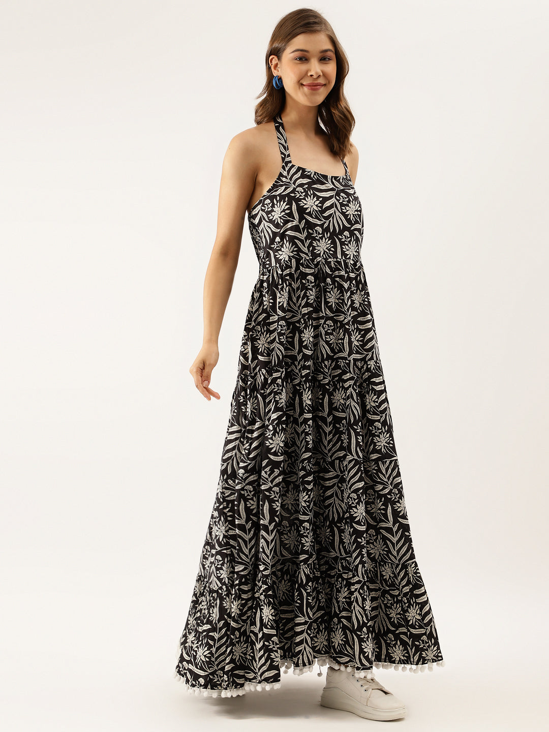 Black Floral Printed Cotton Ethnic Party Wear Dress for Women