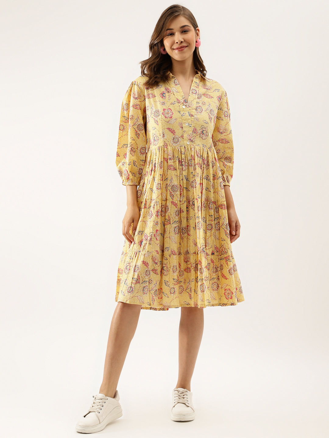 Yellow Floral Printed Cotton Party Wear Dress for Women