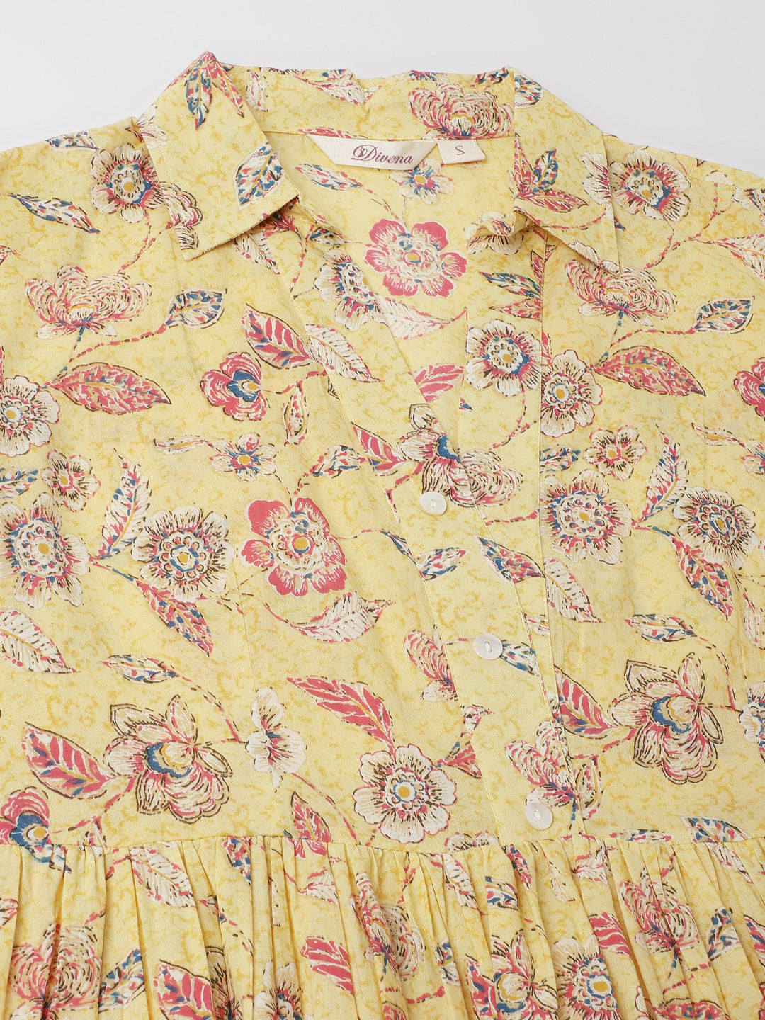 Yellow Floral Printed Cotton Party Wear Dress for Women