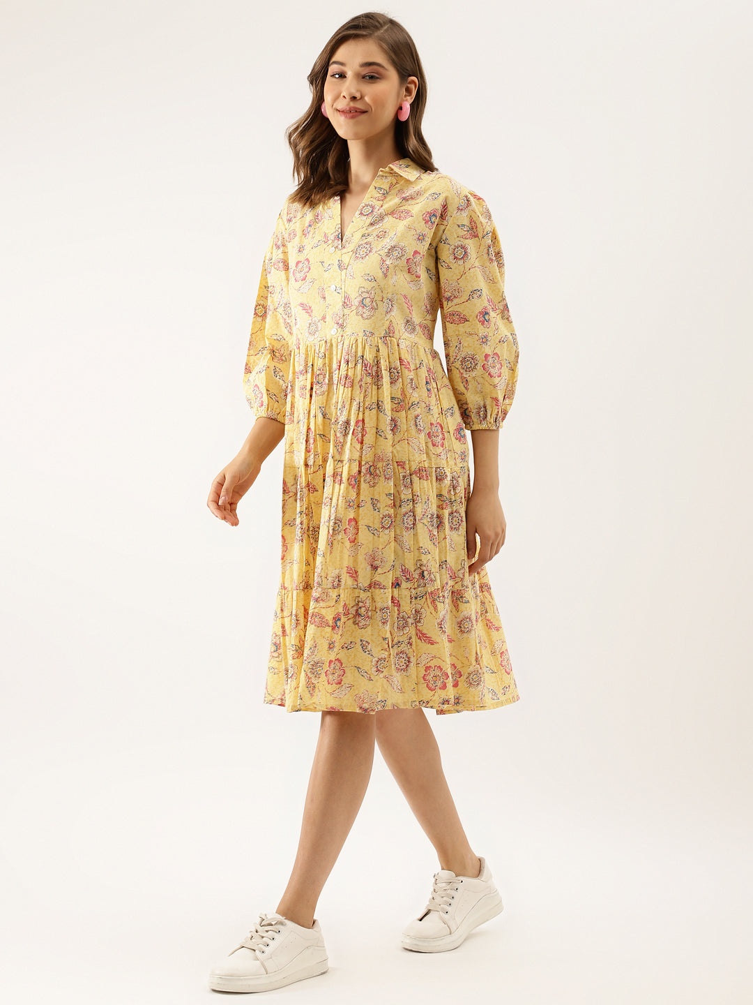 Yellow Floral Printed Cotton Party Wear Dress for Women