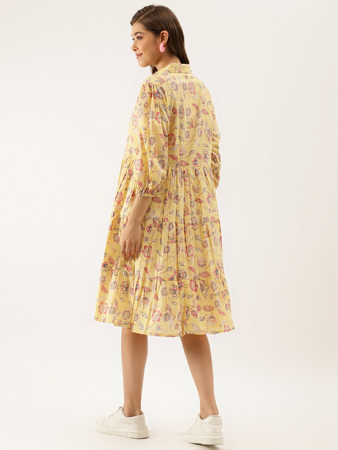 Yellow Floral Printed Cotton Party Wear Dress for Women