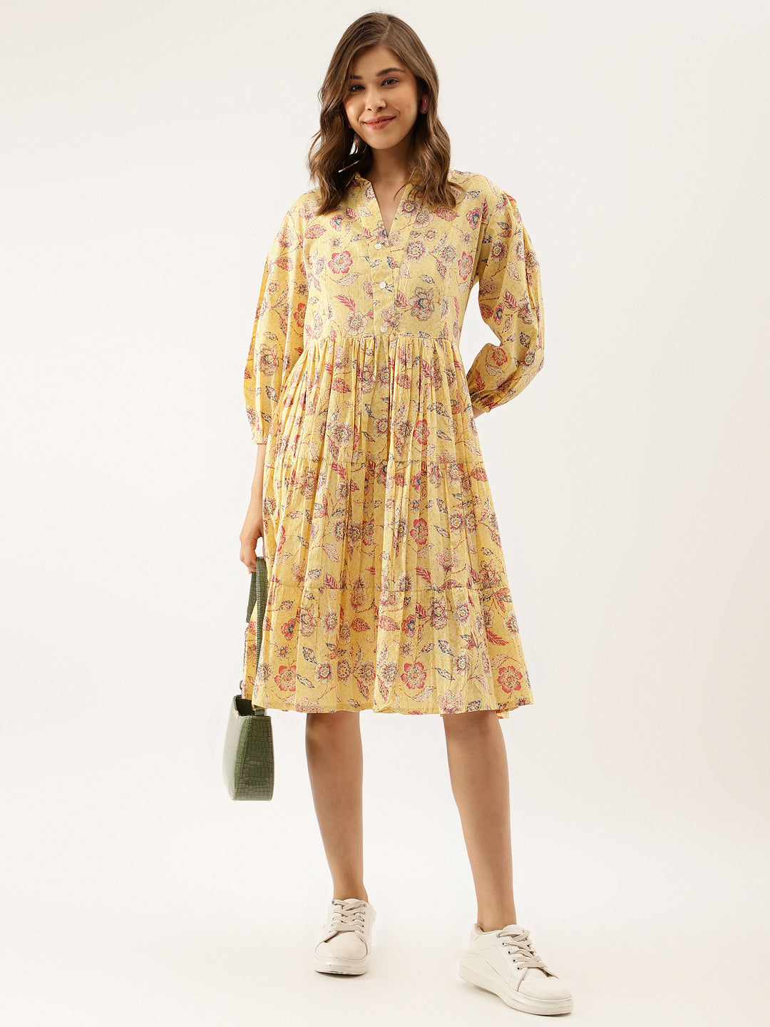 Yellow Floral Printed Cotton Party Wear Dress for Women